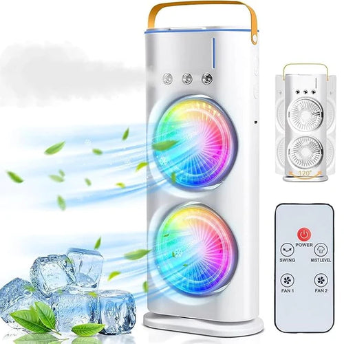 Portable Air Cooler Fan with Dual Fans, Mist, Remote Control, LED Night Light, Timer, Carry Handle, 700ml Tank, USB Powered